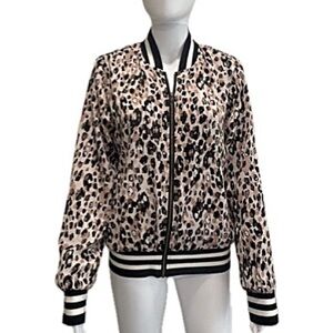 Peyton Jensen Satin Leopard Print Zip Bomber Jacket Womens Size M Striped Band